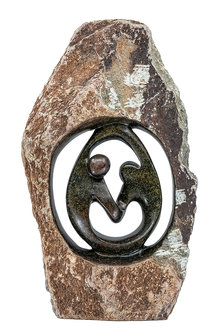 Stenen beeld ruwe lover familie 2 personen, 48 cm hoog, groen