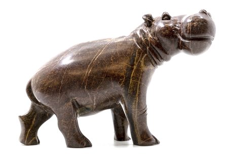Stenen beeld nijlpaard staand 1 dier, 12 cm hoog, bruin