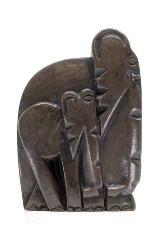 Stenen beeld olifant met baby abstract 1 dier, 13 cm hoog, bruin