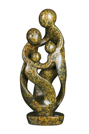 Beeld gezin 4 personen steen bruin, leopard. Familie en geboorte kunst voor jubileum en goud zilver bruiloft. Beeld van vader, 