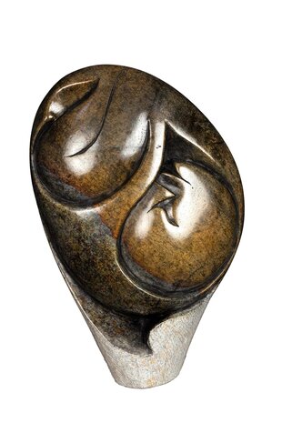 Stenen beeld embryo, baby, pasgeborene 1 persoon, 28 cm hoog, bruin. speksteen beeld Afrika Zimbabwe