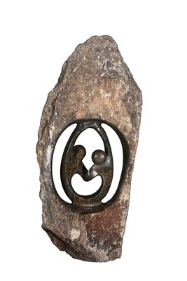 Speksteen beeld ruw familie 2 personen | 38 cm hoog | bruin