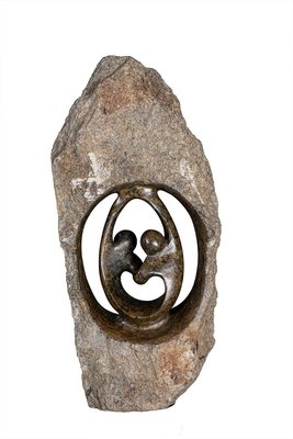 Speksteen beeld ruw familie 2 personen | 38 cm hoog | bruin