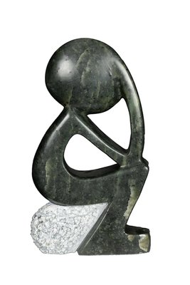 Stenen beeld denker zittend abstract 1 persoon, 14 cm hoog, groen