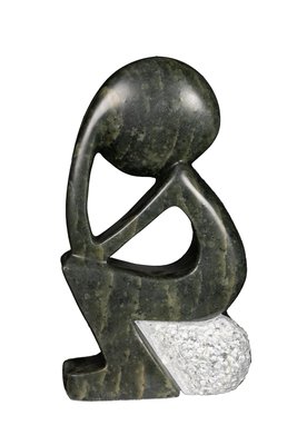 Stenen beeld denker zittend abstract 1 persoon, 14 cm hoog, groen