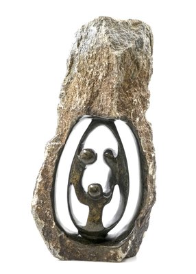 Speksteen beeld ruw familie 3 personen | 41 cm hoog | Groen/bruin