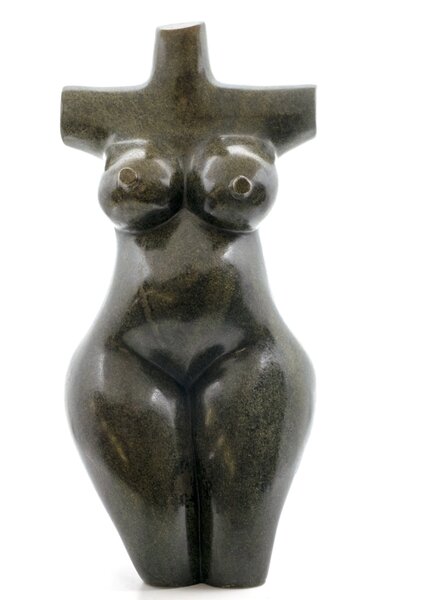 Stenen beeld torso knielend 1 persoon, 35 cm hoog, groen