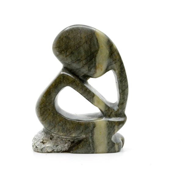 Stenen beeld denker zittend abstract 1 persoon, 7 cm hoog, groen