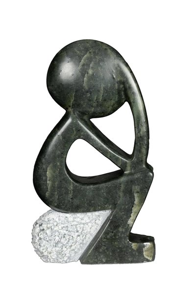 Stenen beeld denker zittend abstract 1 persoon, 14 cm hoog, groen