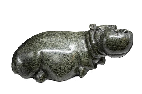 Stenen beeld nijlpaard liggend 1 dier, 9 cm hoog, groen