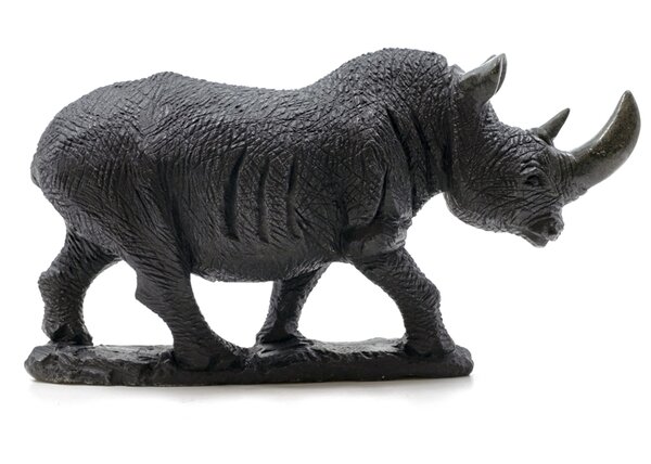 Stenen beeld neushoorn ruw 1 dier, 15 cm hoog, zwart