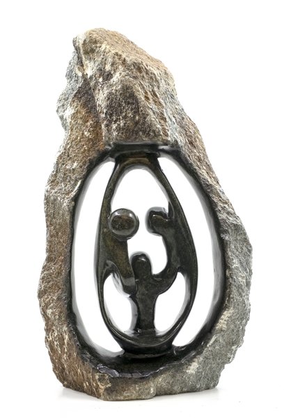 Speksteen beeld ruw familie 3 personen | 43 cm hoog |  Groen/bruin