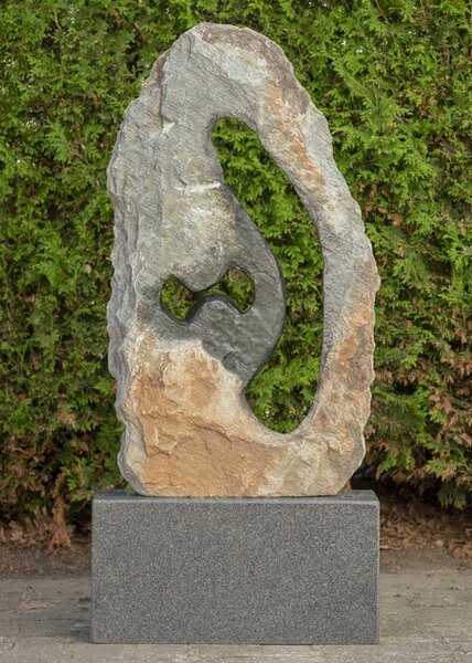 Stenen tuinbeeld ruwe lover familie 2 personen, 101 cm hoog, groen