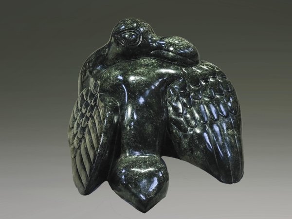 Stenen tuinbeeld vogel uniek, Wassende vogel groot, stenen dier groen 