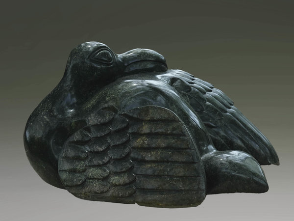 Stenen tuinbeeld vogel uniek, Wassende vogel groot, stenen dier groen 