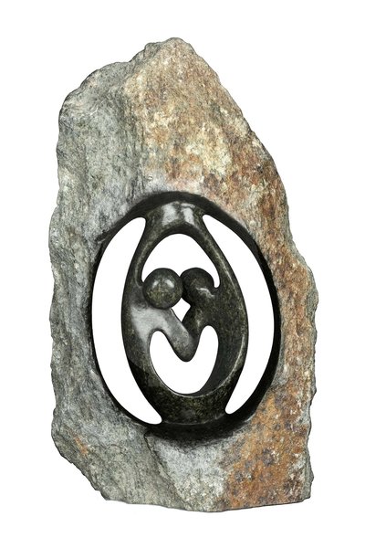 Stenen beeld ruwe lover familie 2 personen | 27 cm hoog | groen